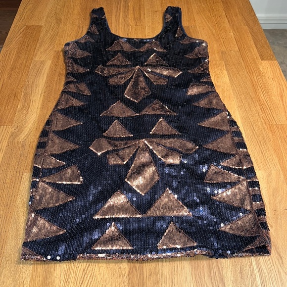 Charlotte Russe Sequin Blue and Gold Mini Dress LG - Picture 5 of 11